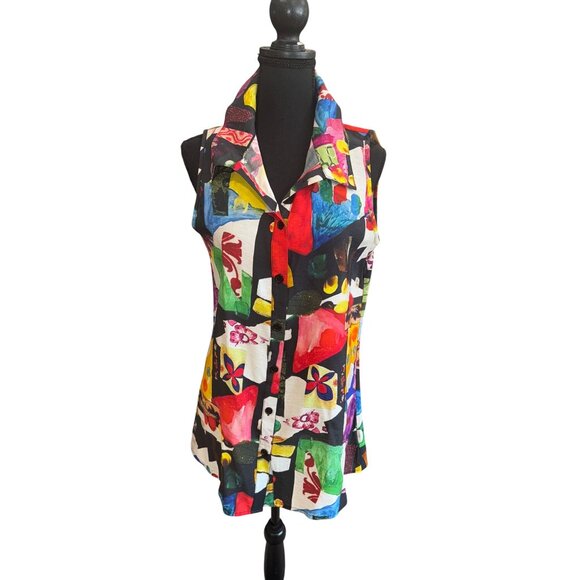 Retro 70s Colorful Sleeveless Button-Up Collared Blouse Top By Adore S Geometric - Picture 3 of 8